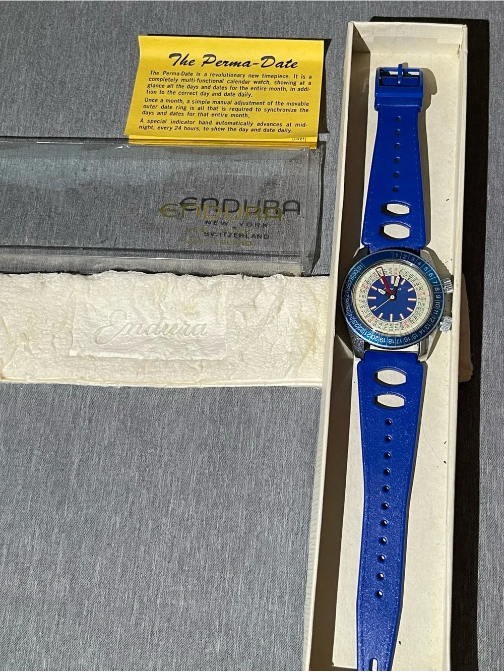 Vintage 1970 Endura PermaDate Calendar Watch Blue NOS Working W Box, Paper & Pad